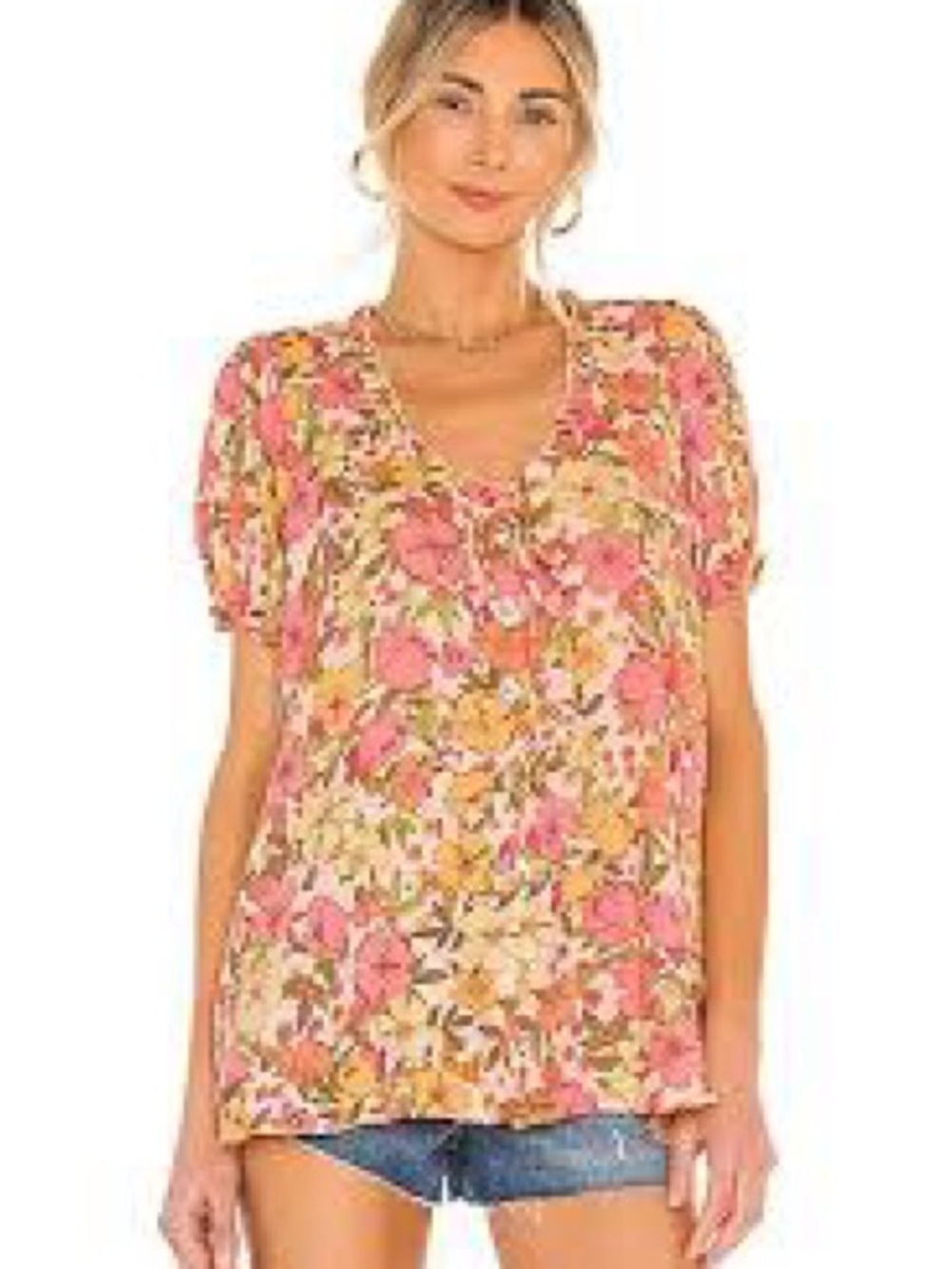 Show Me Your MuMu Brunch Top Pretty Poppy Floral Button Up Top Pink Yellow FLAW